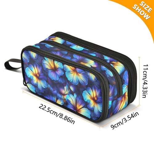 ALAZA Vibrant Blue Hibiscus Flowers Large Pencil Case, Pen Pouch Pencil Bag with 3 Compartments Pen Holder Organizer Stationery Bag - color: Blue Hibiscus