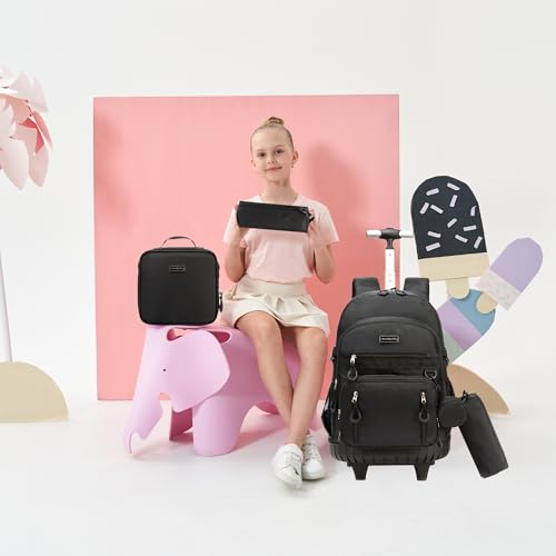 Kids Rolling Backpack for School Rolling Backpack for Girls 8-12 Roller Backpacks for Girls 10-12 with Lunch Box Pencil Case Back to School - color: Solid New Black