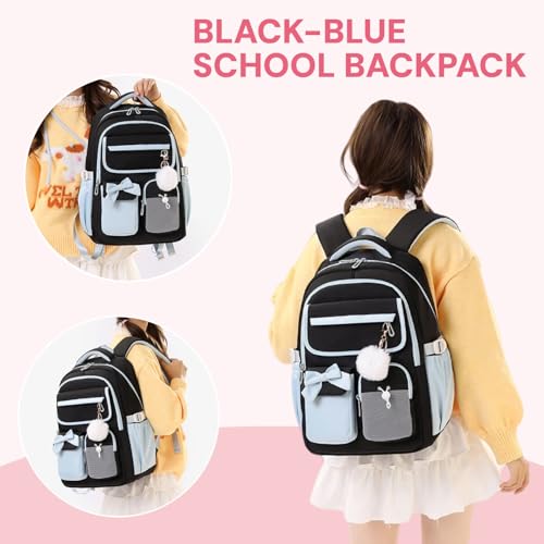 Girls Backpack School Bags Kids Elementary School Backpack for Girls Teens Cute Childrens Bookbags Casual Back Packs, Black Blue - color: Black-blue