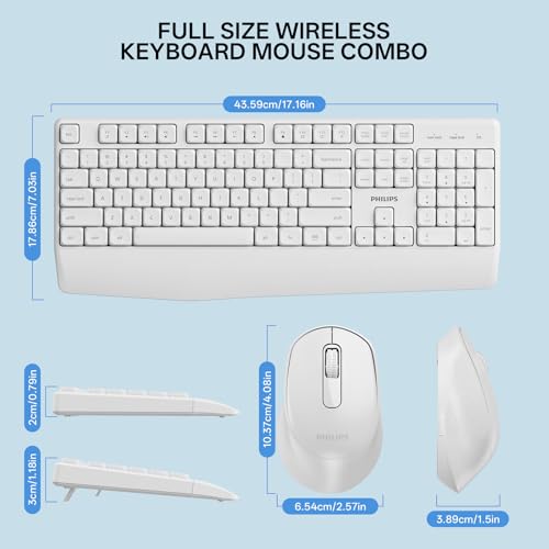 PHILIPS Wireless Keyboard and Mouse Combo-Ergonomic Keyboard and Mouse Wireless Combo with Silent Design,Plug n' Play,Sleep Mode and 2.4GHz Keyboard for Mac, Windows, Laptop-White - color: White