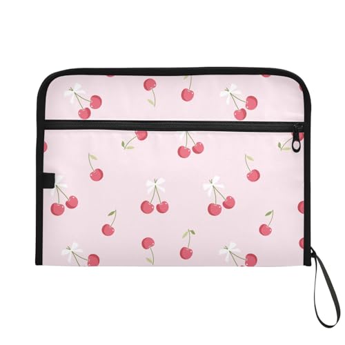 Pink Cherry White Bow File Folders,Plastic Folders with 13 Pockets,Expandable File Folder for Documents School Students Office,Aesthetic Folder with Labels A4 Letter Size - color: Multi 23