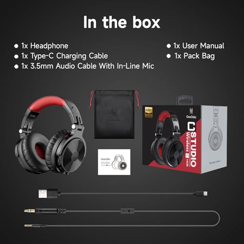 OneOdio Bluetooth Over Ear Headphones, 110 Hrs Wireless/Wired Stereo Sound Foldable Headsets with Deep Bass 50mm Neodymium Drivers for PC/Phone/Tablet - Studio Wireless Pro C, Red - color: Red