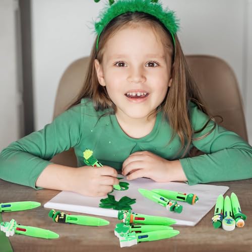 CCINEE 24pcs St Patricks Day Mini Multicolor Pens In One, Green Clover Ballpoint Pens Bulk Cartoon Retractable Party Favor Writing Pen for St Patricks Day School Office Gifts - color: Green