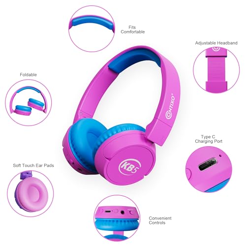 Contixo KB-5 Kids Headphones - Over The Ear Foldable Bluetooth Wireless Headphone for Kids - 85dB with Volume Limited - Toddler Headphones for Boys and Girls (Pink + Blue) - color: Pink