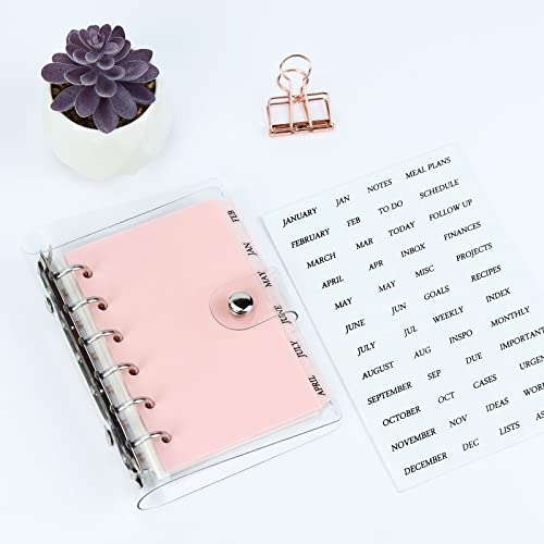 A7 Dividers 6 Holes Durable Plastic Binder Dividers with 6 Tabs, Transparent Writable and Erasable File Page Separators for Loose Leaf Ring Binders, Notebooks (Pink - 2 Sets with Stickers)
