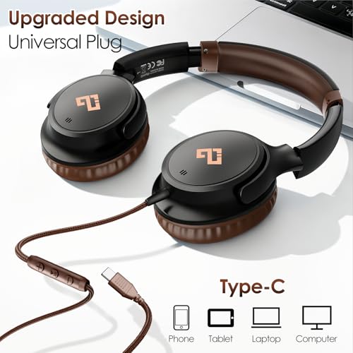 USB C Headphones Wired Headphones Over Ear with HD Mic,Brown Headphones/Lightweight/Foldable/Adjustable for iPad/School/Travel/iPhone 17/16/15, Samsung S25/S24, Back-to-School Season, Teen Gifts - color: Brown