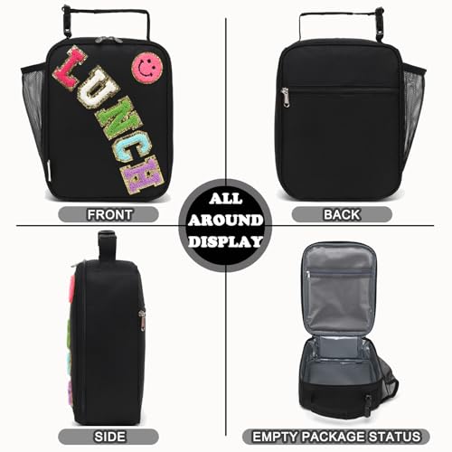 FlowFly Lunch box Insulated Soft Bag Mini Cooler Back to School Thermal Meal Tote Kit With Buckle and Mesh Side Pocket for Girls, Boys, BlackWithLetter - color: BlackWithLetter