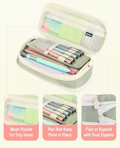 56 PCS Aesthetic School Supplies with Large Pencil Case, 5 Inspirational Ballpoint Pens, 12 Pastel Highlighters, 5 Black Ink Gel Pens, 6 Mechanical Pencils 0.5-0.7mm College Student Essentials (Green) - color: Green