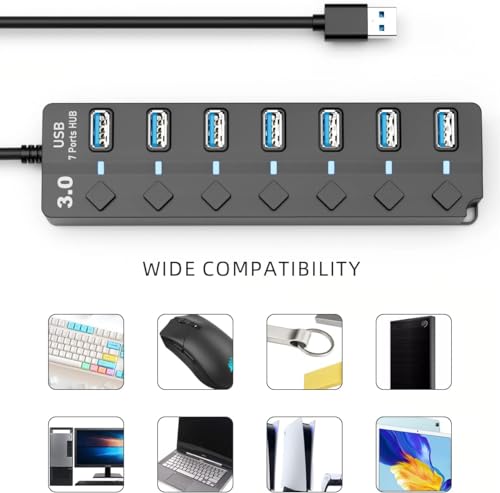 USB Hub for Laptop, SNLLMZI 7-Port USB 3.0 Hub Splitter with Individual On/Off Switches and Lights, 4ft/1.2m Long Cable Compatible for Laptop,PC Computer,Surface Pro,PS4/5,Flash Drive,Mobile HDD,etc.
