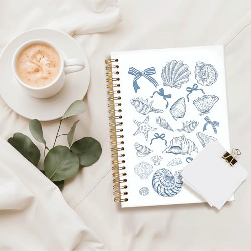 Blue Bow Beachy Spiral Notebook for Girls Women,Blue School Supplies | Blue Coquette Beach Seashell Spiral Notepad A5, Ocean Vibes Writing Journal for Teens 5.5x8.3 - color: Coastal shell bows