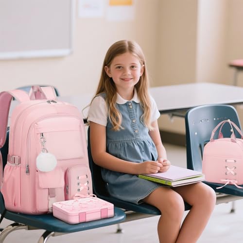 Scothen Backpack for Girls with Bento Lunch Box Set, School Bag Bookbag for Teens Girls Kids Student, 43oz Lunch Containers Lunchbox, Insulated Lunch Bag & Pencial Case, Back to School Gifts - color: Pink