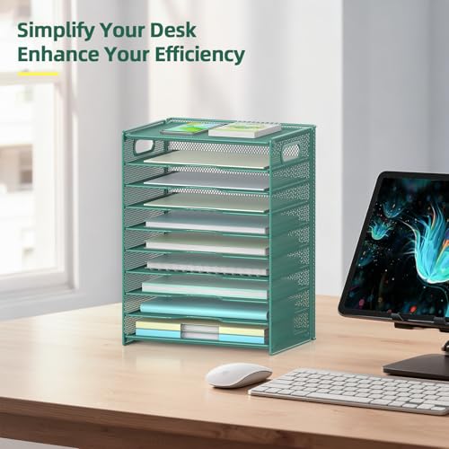 OUTWOLF 10 Tier Paper Organizer - Letter Tray Mesh Desk File Organizer with Handles for Office School Desktop, Green - color: Green