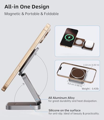 Foldable Magnetic Wireless Charger, KU XIU Aluminum Alloy 3 in 1 Charging Station for Apple, Fast Charging Travel Charger for iPhone 17 16 15 14 13, 5W for Apple Watch Ultra, AirPods, Leather Texture - color: Leather Texture