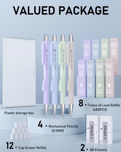Four Candies Cute Mechanical Pencil Set with Case, 4PCS 0.5mm Pastel Fast Click Aesthetic Mechanical Pencils with 480PCS HB Lead Refills, 2 Erasers, 12 Eraser Refills School Supplies for Girls Writing - size: 0.5MM