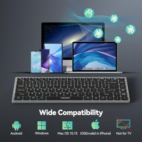 TECKNET Bluetooth Keyboard Rechargeable, 4-Device (2.4G+3BT) Wireless Keyboard, Small Ultra-Slim Keyboard, 14 Hotkeys Computer Keyboard for PC/Laptop/Tablet/iPad, Sliver-Black - color: Sliver-black