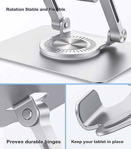 Adjustable Tablet Stand with 360° Swivel Base, Aluminum Holder for 5.8–12.9" Tablets & Switch, Silver