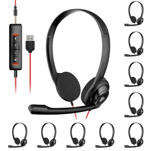 NUBWO HW02 USB Computer Headset with Clear Chat Microphone, Lightweight On-Ear Wired Headset for MS Teams, Skype, Webinars, Call Center and More - 10Pcs | 10 Packs - Lightweight On-Ear Wired Headset for MS Teams, Skype, Webinars, Office Call Center and Mo