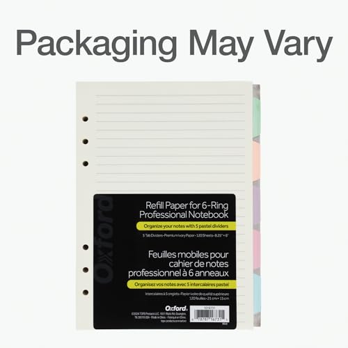 Oxford A5 Refill Paper, 6 Ring Lined Paper with Pastel Binder Dividers, 5 Tabs, 120 Sheets, 6 x 8.25 Inches, Notebook, Bullet Journal and Planner Inserts (1016731) - size: A5 5 Tab Dividers