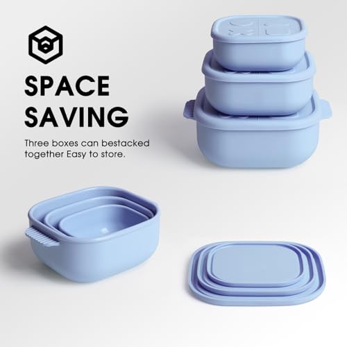 Silicone Bento Box ๏ฝFood Grade & Leakproof Lunch Box Bento with Lids ๏ฝ3-Piece Space-Saving Nesting Kit Food Storage Containers Set (Blue) - color: Blue