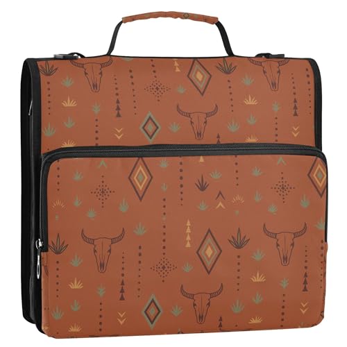 Western Bull Boho Terracotta Organizer Binder with Handle Multi-Pocket 1.5 Inch 3 Rings Pencil Case Portfolio Binder Office Files Organizer - color: Western Bull Boho Terracotta