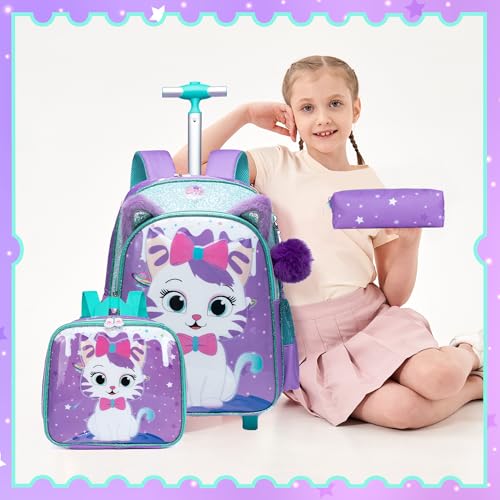 Rolling Backpack for Girls Cute Kids Rolling Backpack with Lunch Bag Kids Backpack with Wheels for School Backpacks for Elementary with Lunch Box Pencil Case Trolley Luggage - color: Purple Cream Cat