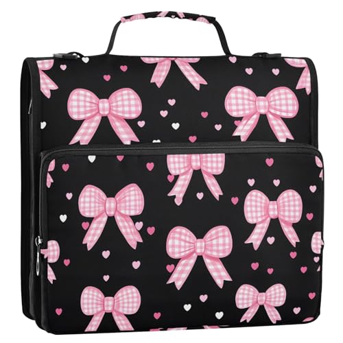 3 Ring Zipper Binder with Shoulder Strap Pink Bow Heart 2 Inch Zippered Binder Bag 500 Sheet Capacity Multi Pockets for School Supplies - color: Multi25