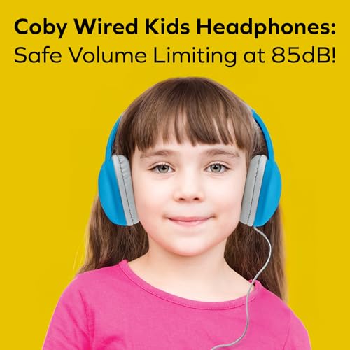 Coby Wired Kids’ Headphones, Over-Ear Headphones with 3.5-Millimeter Jack and Soft Cushions for School, Learning, and Travel, 85 dB Volume Limit, Built-in Microphone, Adjustable Headband, Blue - color: Blue