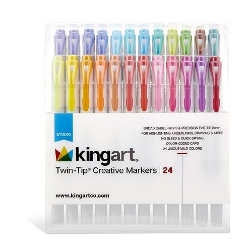 KINGART Studio Twin-Tip Highlighters (24 Unique Soft Pastel Colors). Double-Ended: Broad Chisel & Fine Tips. Quick-Dry, No-Bleed Water-Resistant Ink for Journaling/Art.