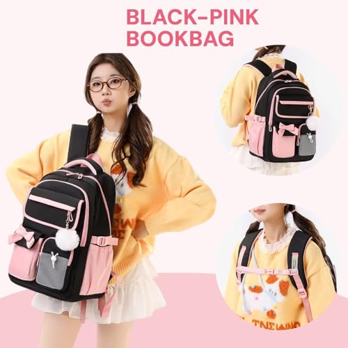 Girls Backpack School Bags Kids Elementary School Backpack for Girls Teens Cute Childrens Bookbags Casual Back Packs, Black Pink - color: Black-pink