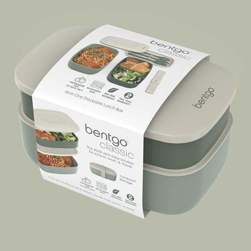 Bentgo Classic Stackable 3-Compartment Adult Bento-Style Lunch Box | Removable Utensil Set and Sealing Strap, BPA-Free, Food Container Ideal for Meal Prep, Work, and On the Go (Khaki Green) - color: Khaki Green