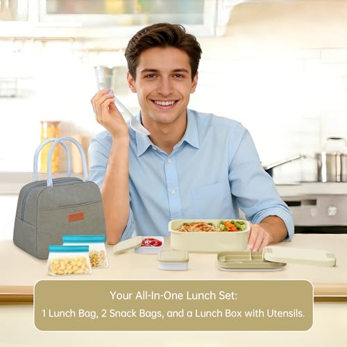 JBGOYON 4-in-1 Bento Box and Insulated Lunch Bag Set, Khaki | 6-hour insulation, 7.5 L lunch bag, leakproof 1.9 L container with 2 sauce cups, fork and spoon, 2 snack bags, BPA-fre - color: Khaki