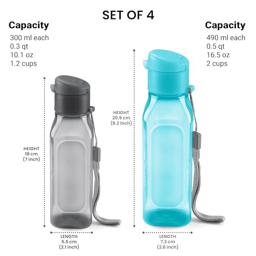 MILTON Bulk Water Bottles Set of 4 – 10 and 17oz Multicolor Bottles for Kids and Adults – Leak Proof with Carry Strap – Square Reusable Bottles for Juice, Drinks BPA-Free Dishwasher-Safe - color: Square Black/Blue