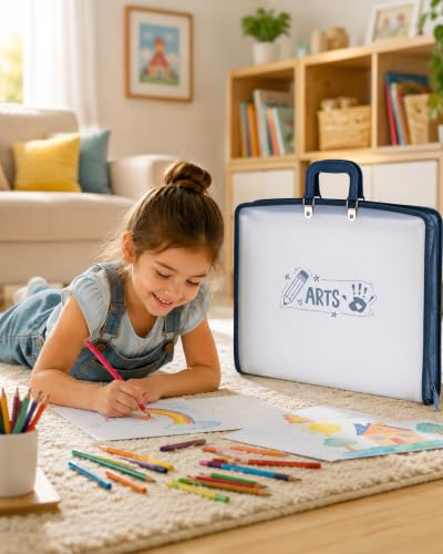 11x17 Accordion File Organizer with 13 Pockets, Art Portfolio with Handle & Zipper Closure, Oxford-Trimmed Frosted Translucent Style (1-Pack)