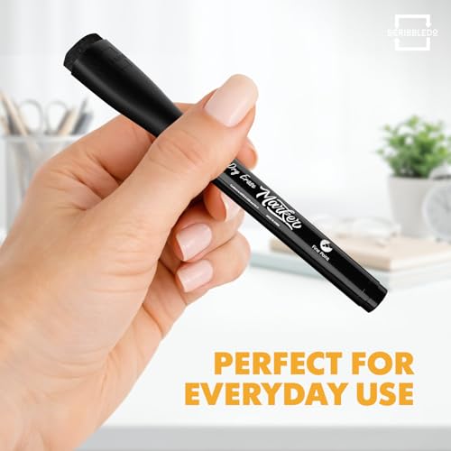 Scribbledo 4 Pack Fine Tip Dry Erase Markers Black Low-Odor Whiteboard Markers with Eraser Cap for Office Meetings Planning Boards & Home Workspace