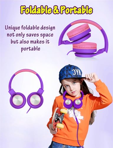 Voopwink Kids Headphones with Microphone, Wired Over Ear Headsets with Limited Volume 85dB/ 94dB for Boys Girls Teens Children Online School/Travel/iPad/Tablet/Cellphone - color: Purple, size: Plug 3.5mm