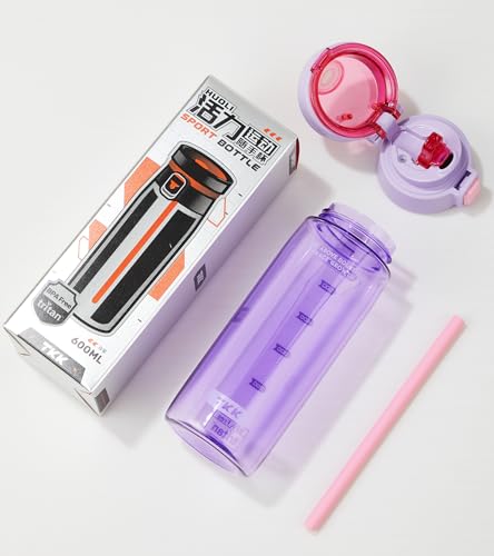TKK Sports Water Bottle with Straw & Build-in Carrying Handle, Spill-Proof 2-in 1 Lid, 20 oz Plastic Bottles, Dishwasher Safe, Leak-Proof Locking Lid for Kids, Outdoor, School Backpack, Purple - color: Purple