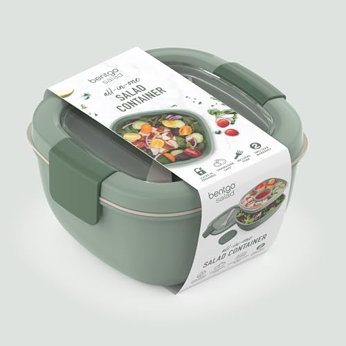 Bentgo Salad Container - 54 oz Bowl with 4-Compartment Toppings Tray, Leak-Proof Dressing Container, Reusable Fork, BPA-Free Lunch Box for Meal Prep & Food Storage; Removable Bento Tray (Khaki Green) - color: Khaki Green