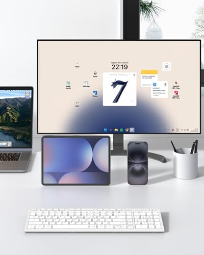 FENIFOX Wireless Keyboard, Bluetooth & 2.4G USB & USB-C Rechargeable Silent Ultra Quiet Low Profile Compact Full Size with Number Pad Soft Multi Device for Mac MacBook Windows PC - White - color: White