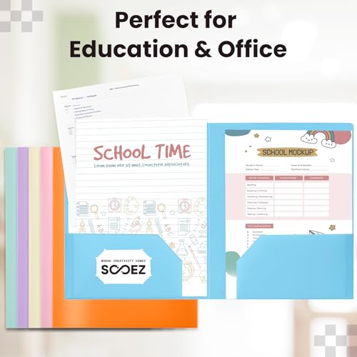 Sooez 6Pack Folders with Pockets, Pocket Folders with Extra Labels, Plastic Folders with Pockets, 2 Pocket Folders Bulk, Heavy Duty File Folders, School Folders Business Folder Office Filing Supplies - color: Candy Colors