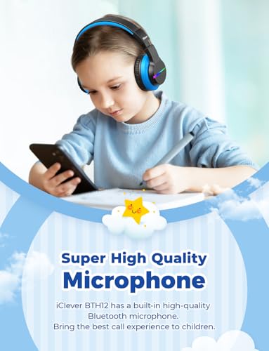 iClever BTH12 Kids Bluetooth Headphones,Colorful LED Lights,74/85dBA Safe Volume,85H Playtime,Bluetooth 5.2,Over Ear Wireless Headphone Built-in Mic for iPad/Tablet/Airplane, Deep Black - color: Black/Blue