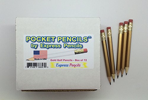 Half Pencils with Eraser - Golf, Pew, Parties, Events, Short, Mini, Non Toxic, Hexagon, Sharpened, #2 Pencil, Color: Gold, Box of 72, (1/2 gross) Golf Pocket Pencils™
