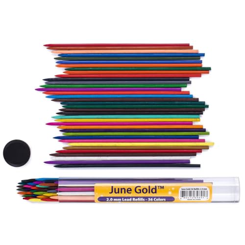 June Gold 4 Mechanical Pencils, 2.0 mm, 108 Refills, 2 Sharpeners,2 Erasers | 36 Unique Colors, 36 2B, and 36 4B Lead Refills, Break Resistant Graphite, Built in Sharpeners, Soft Non-Slip Grip