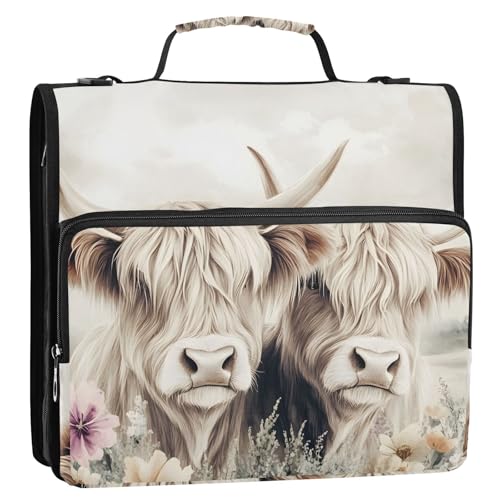 3 Ring Zipper Binder with Shoulder Strap Highland Cow Cattle Flower 2 Inch Zippered Binder Bag 500 Sheet Capacity Multi Pockets for School Supplies - color: Multi23