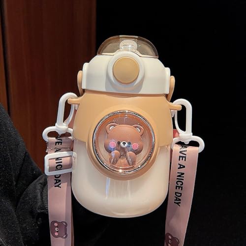 LEJN 28 oz Water Bottle Kawaii with Adjustable Shoulder Strap for Summer Cold Water Chill Portable Leakproof BPA-free Cartoon Children Cup Traveling Hiking Camping (Brown820ml) - color: Brown820ml