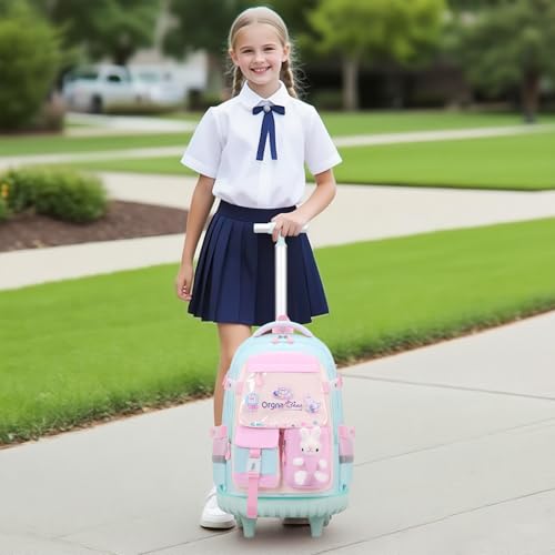FIXITOK Rolling Backpack for Girls, Kawaii Bunny Roller Wheels School Backpacks with Lunch Bag Pencil case, Wheeled Suitcase Bookbag for Elementary Travel Aquamarine - color: Aquamarine