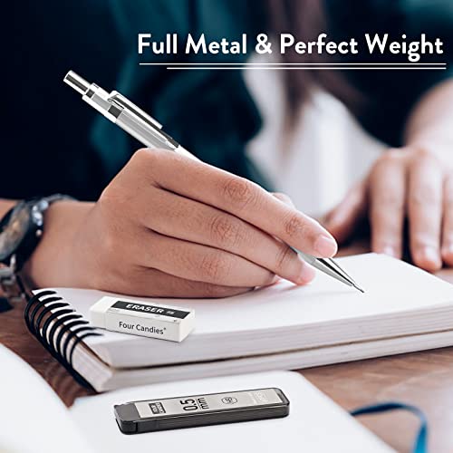 4PCS Metal Mechanical Pencil Set, 0.5mm Fine Point, Pack with Storage Case | 480 Leads, 3 Erasers+9 Refills, For School Writing, Sketching, Art Drawing & Professional Drafting - style: 0.5MM