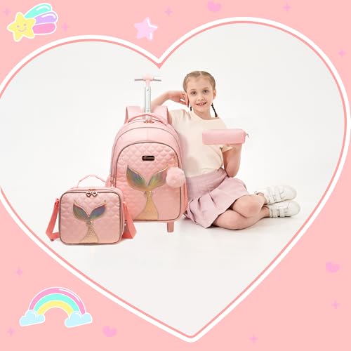 Rolling Backpack for Kids 8-12 Girls Rolling Backpack Kids Trolley School Bag with Wheels Travel Backpacks Carry on Luggage for Girls with Lunch Box Pencil Case - color: Mermaid Pink