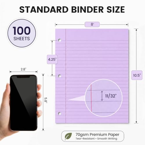 HIBOX Loose Leaf Paper Wide Ruled, 100 Sheets 8"x10.5" 3-Hole Punch, Purple | Anti-Bleed, 11/32" Spacing, Filler Paper for Binders, College, Office, School Supplies, Back to School & Classroom Must Haves - color: Purple