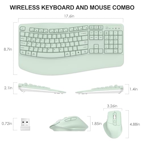 Wireless Keyboard and Mouse Combo, 2.4G Full Size Wave Keys Ergonomic Keyboard with Wrist Rest and 3-Level DPI Adjustable Wireless Ergonomic Mouse for Windows, Mac OS Desktop/Laptop/PC(Avocado Green) - color: Green