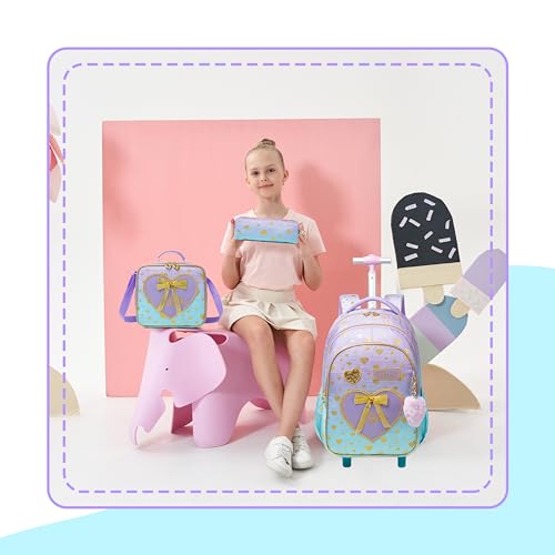 Backpack with Wheels for Girls 8-12 Rolling Backpack for Girls with Lunch Box Backpacks for Kids Cute Bowknot Travel Roller Wheeled Bookbag - color: Blue Purple